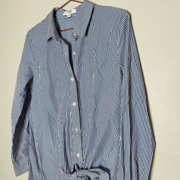 THAKOON COLLECTIVE Blue Stripe Pattern Tie Waist Button Front Shirtdress Size 10 - Picture 5 of 13
